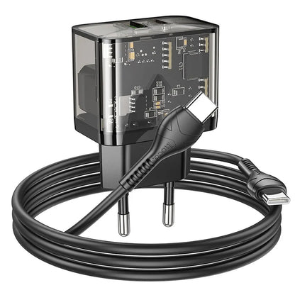 Punjač za mrežu sa USB-C kablom HOCO N34, 20W, 3A, 1 x USB-A - 1 x USB-C, Transparentan