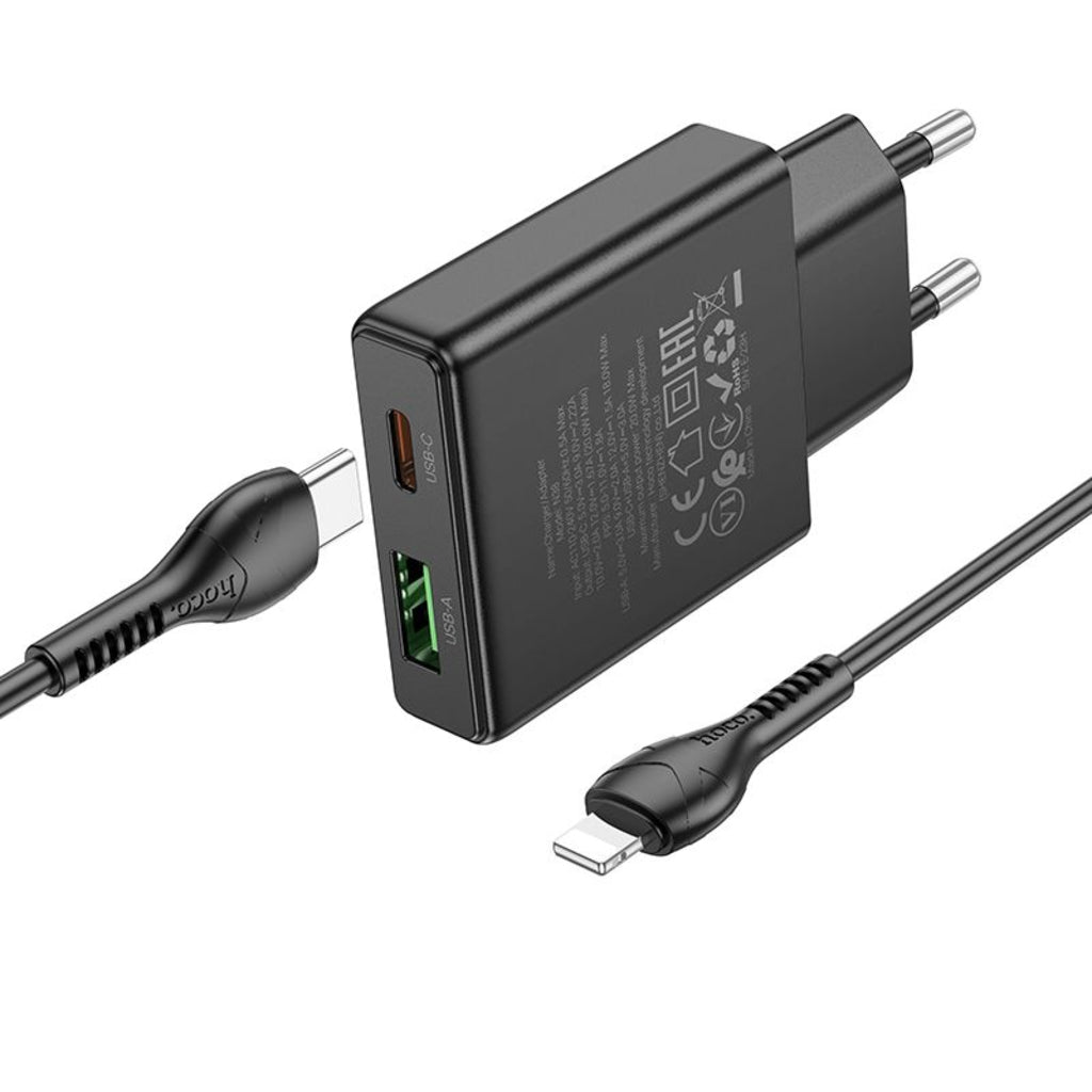 Punjač za mrežu sa Lightning kablom HOCO N38, 20W, 3A, 1 x USB-A - 1 x USB-C, Crni