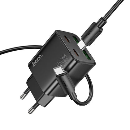Punjač za mrežu sa USB-C kablom HOCO N56, 30W, 3A, 2 x USB-A - 2 x USB-C, Crni