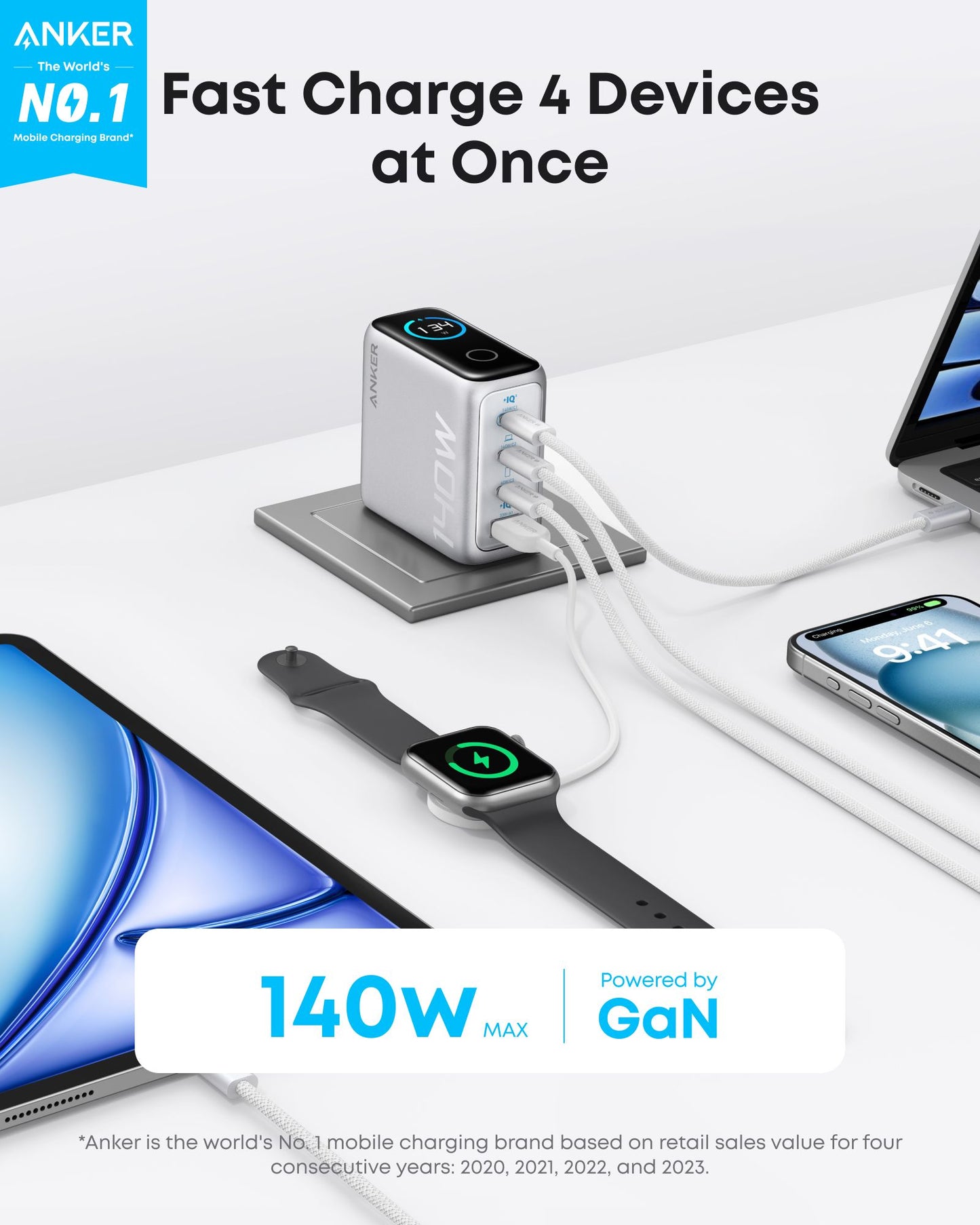 Punjač za mrežu sa USB-C kablom Anker Zolo, 140W, 5A, 1 x USB-A - 3 x USB-C, Srebrni B2697G41