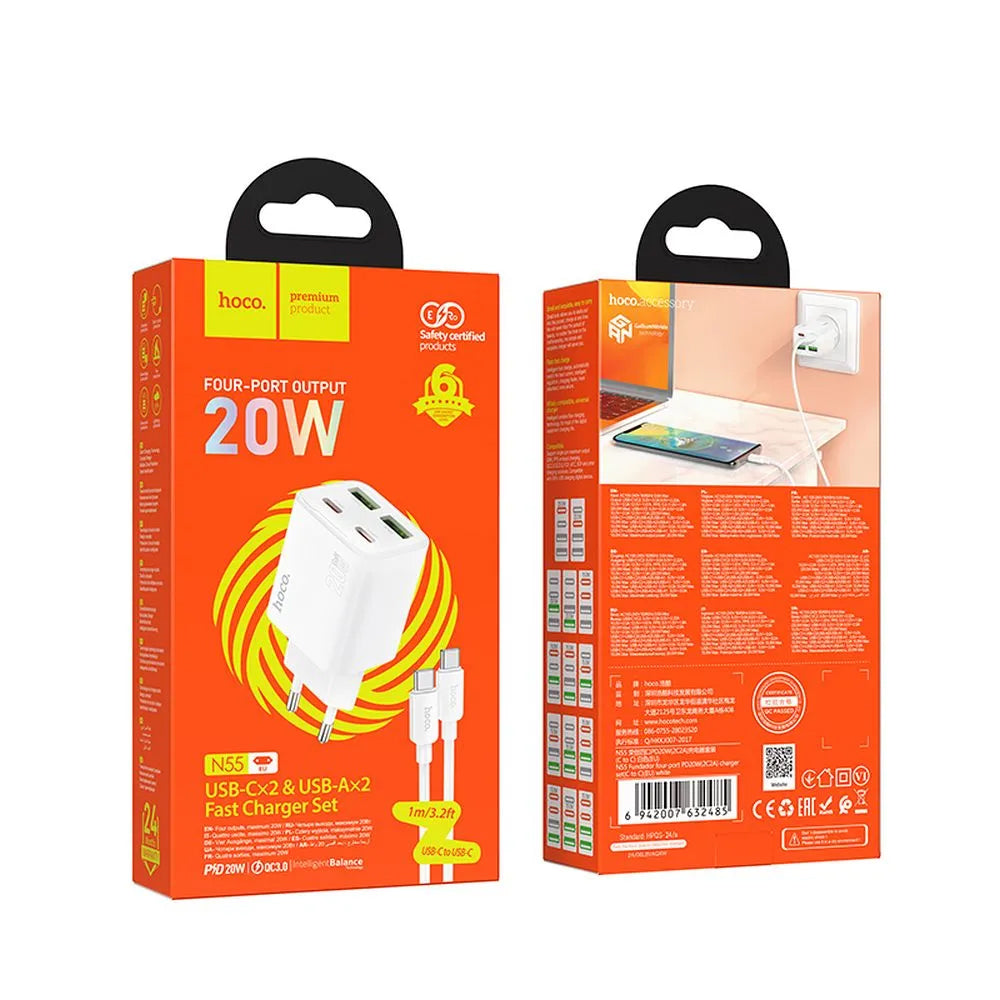 Punjač za mrežu sa USB-C kablom HOCO N55, 20W, 3A, 2 x USB-A - 2 x USB-C, Beli