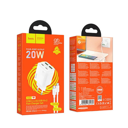 Punjač za mrežu sa USB-C kablom HOCO N55, 20W, 3A, 2 x USB-A - 2 x USB-C, Beli