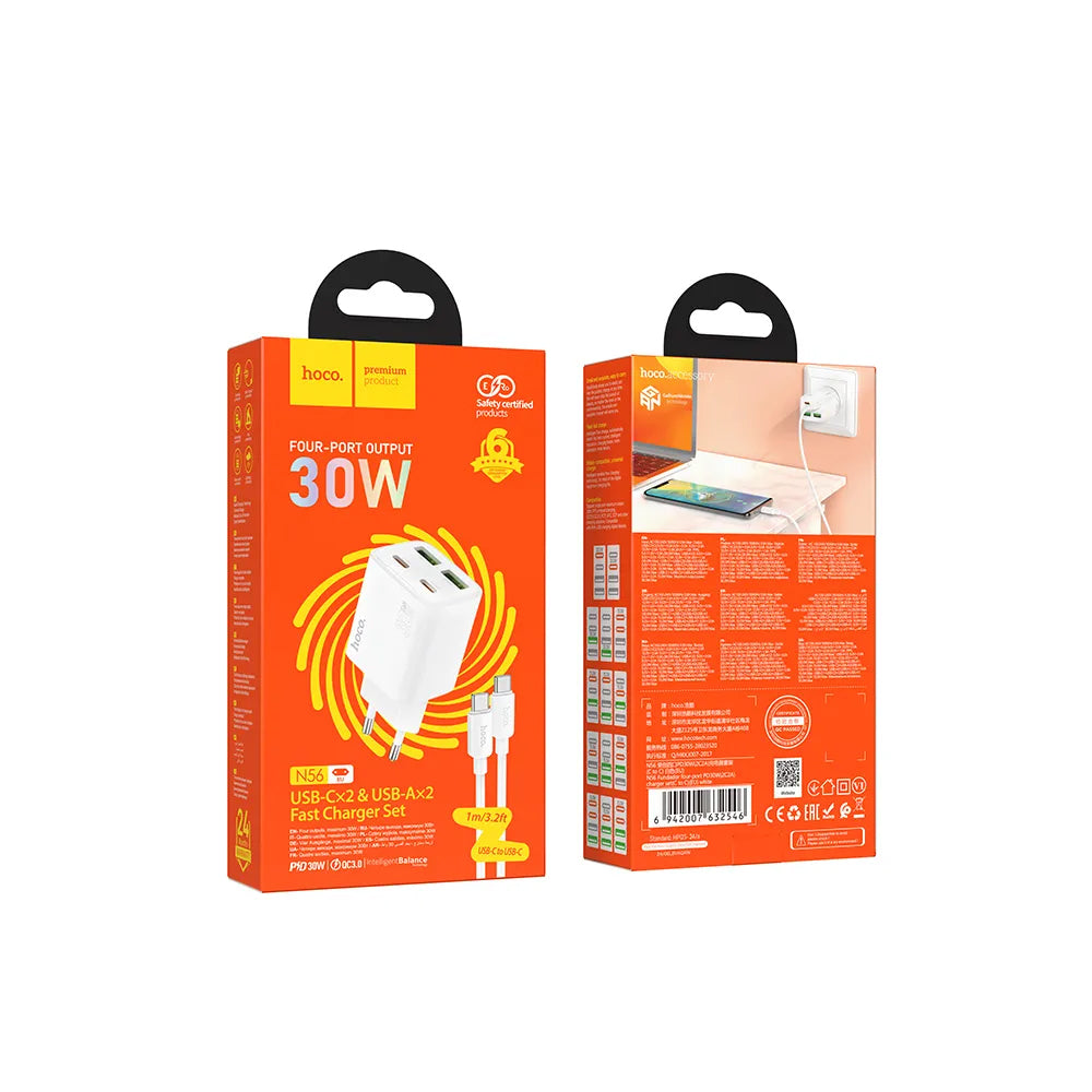 Punjač za mrežu sa USB-C kablom HOCO N56, 30W, 3A, 2 x USB-A - 2 x USB-C, Beli