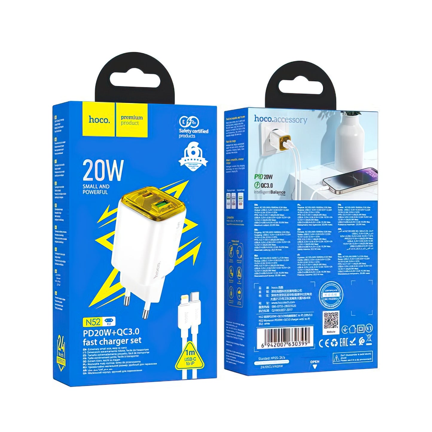 Punjač za mrežu sa Lightning kablom HOCO N52, 20W, 3A, 1 x USB-A - 1 x USB-C, Beli