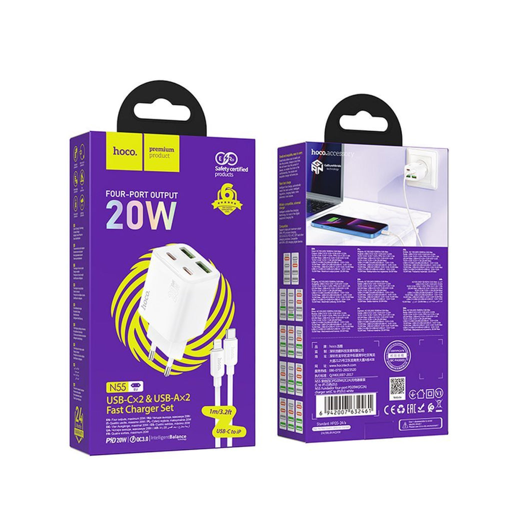 Punjač za mrežu sa Lightning kablom HOCO N55, 20W, 3A, 2 x USB-A - 2 x USB-C, Beli