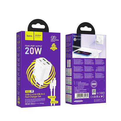Punjač za mrežu sa Lightning kablom HOCO N55, 20W, 3A, 2 x USB-A - 2 x USB-C, Beli