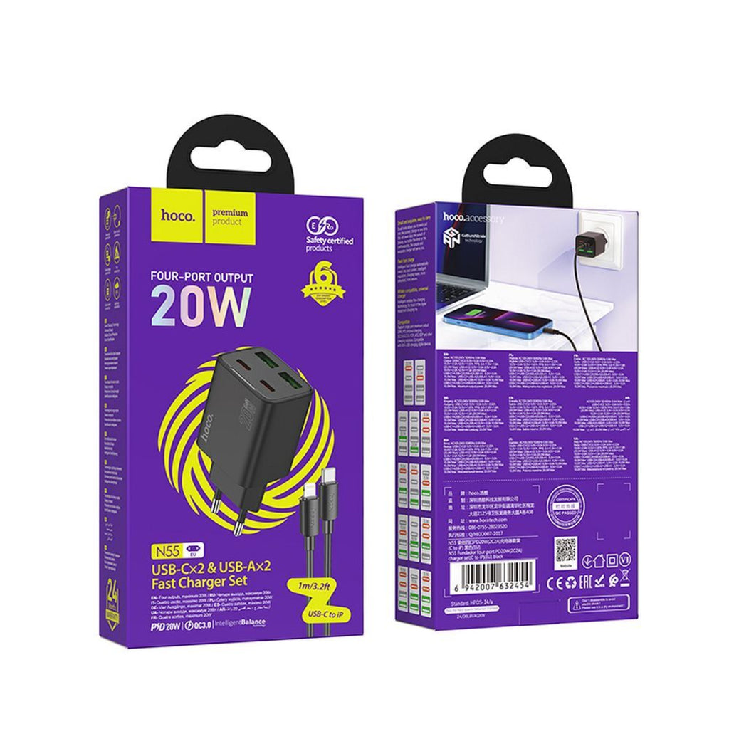 Punjač za mrežu sa Lightning kablom HOCO N55, 20W, 3A, 2 x USB-A - 2 x USB-C, Crni