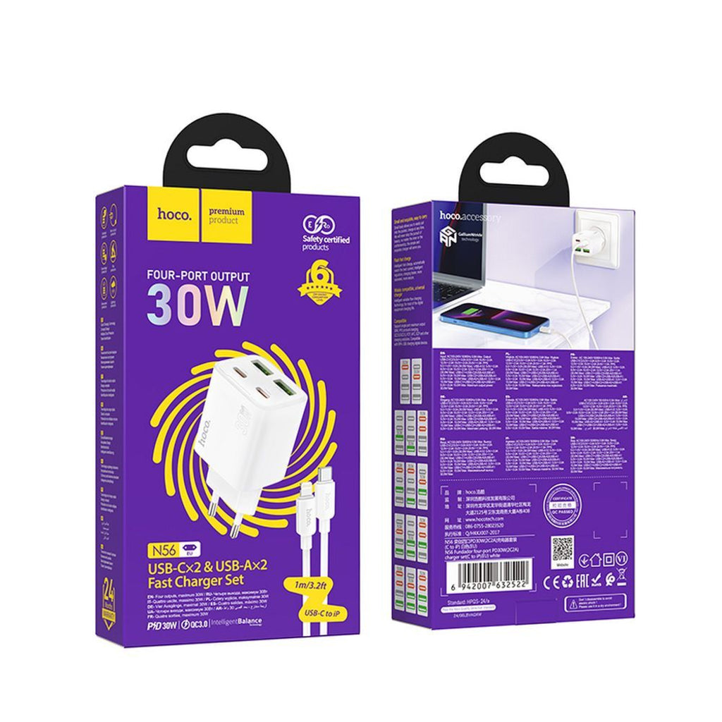 Punjač za mrežu sa Lightning kablom HOCO N56, 30W, 3A, 2 x USB-A - 2 x USB-C, Beli
