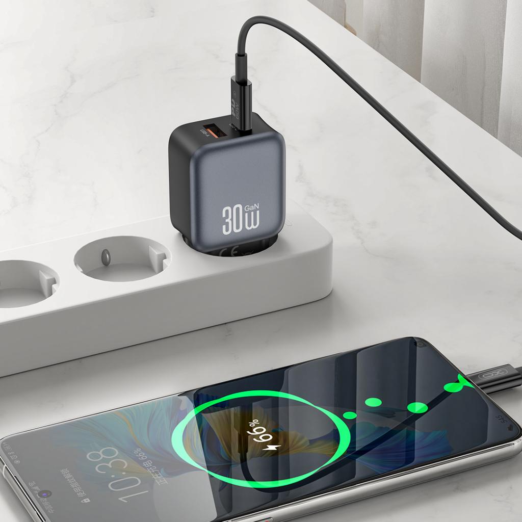 Punjač za mrežu sa USB-C kablom XO Design L156, 30W, 3A, 1 x USB-A - 1 x USB-C, Crni