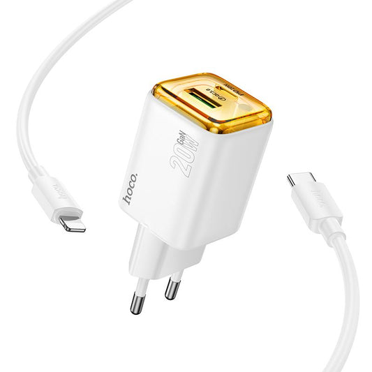 Punjač za mrežu sa USB-C kablom HOCO N52, 20W, 3A, 1 x USB-A - 1 x USB-C, Beli