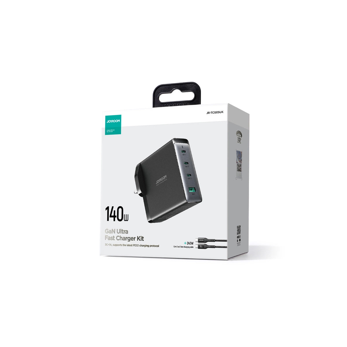 Punjač za mrežu sa USB-C kablom Joyroom JR-TCG05UK, 140W, 5A, 1 x USB-A - 3 x USB-C, UK, Crni