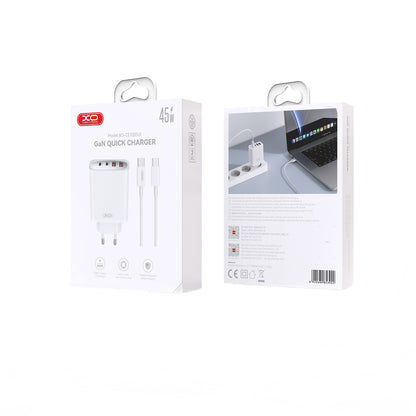 Punjač za mrežu sa USB-C kablom XO Design CE22, 45W, 3A, 2 x USB-A - 2 x USB-C, Beli