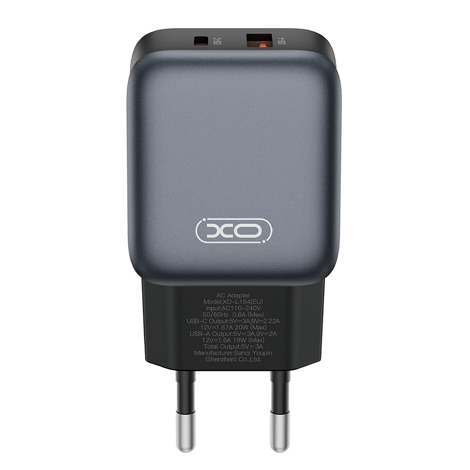 Punjač za mrežu sa Lightning kablom XO Design L154, 20W, 3A, 1 x USB-A - 1 x USB-C, Crni