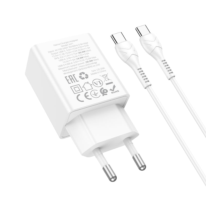 Punjač za mrežu sa USB-C kablom HOCO N71, 30W, 3A, 1 x USB-A - 1 x USB-C, Beli