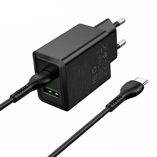 Punjač za mrežu sa USB-C kablom HOCO N71, 30W, 3A, 1 x USB-A - 1 x USB-C, Crni