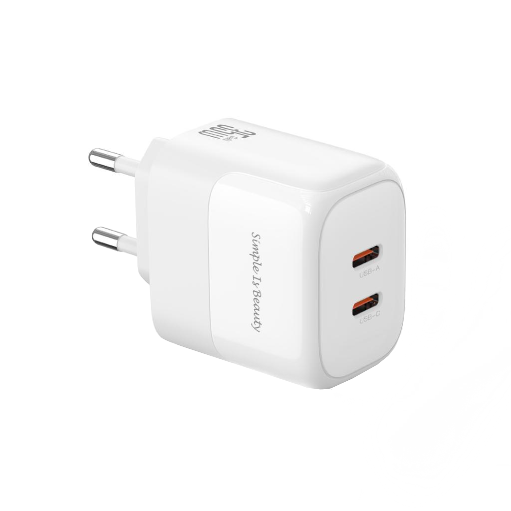 Punjač za mrežu sa USB-C kablom XO Design L140, 35W, 3A, 2 x USB-C, Bela