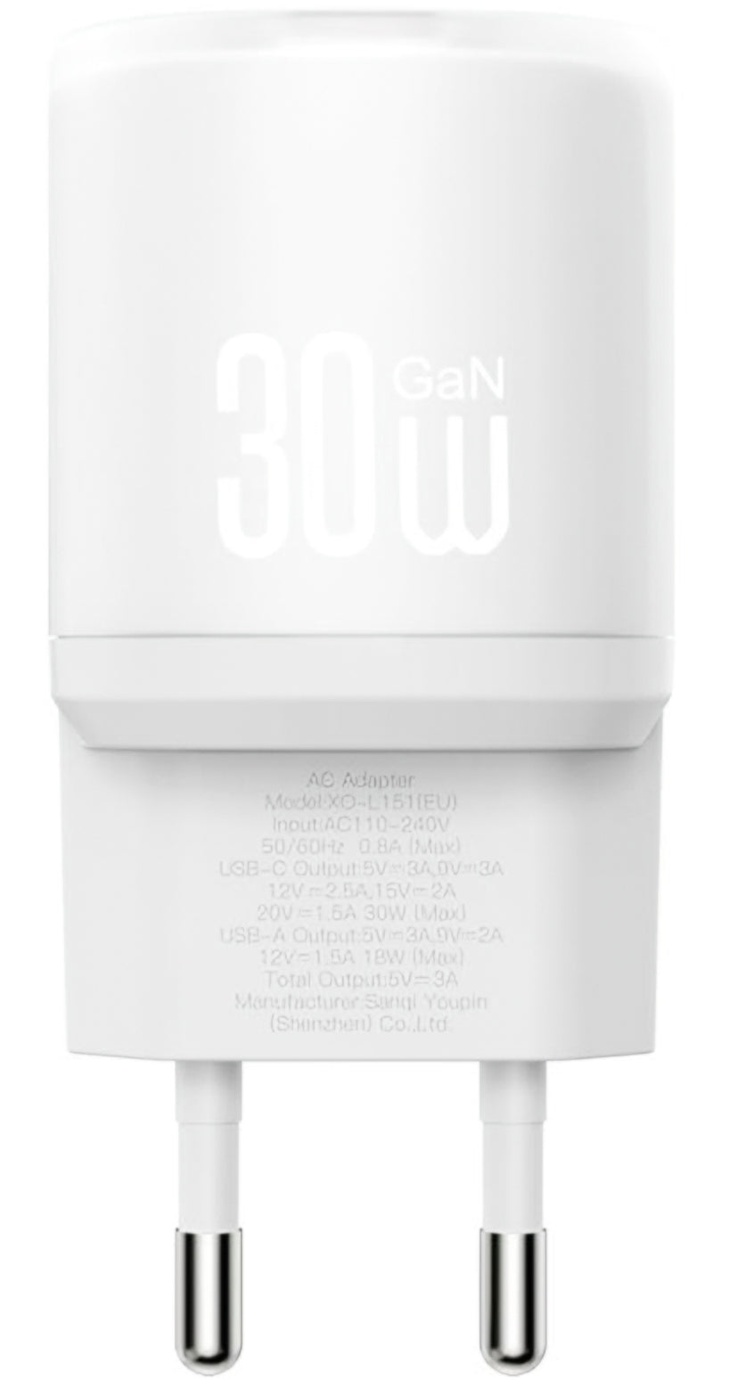 Punjač za mrežu sa Lightning kablom XO Design L151, 30W, 3A, 1 x USB-A - 1 x USB-C, Beli