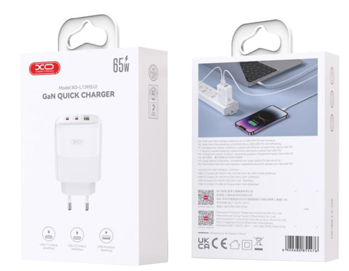 Punjač za mrežu sa USB-C kablom XO Design L139, 65W, 4.5A, 1 x USB-A - 2 x USB-C, Beli