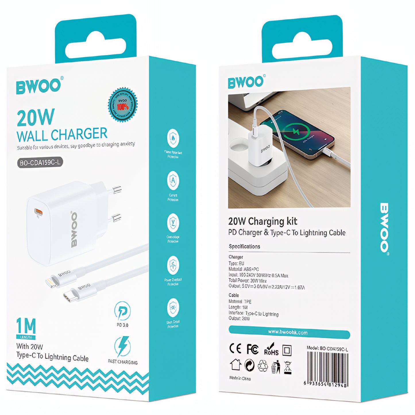 Punjač za mrežu sa Lightning kablom BWOO CDA159, 20W, 3A, 1 x USB-C, Bela