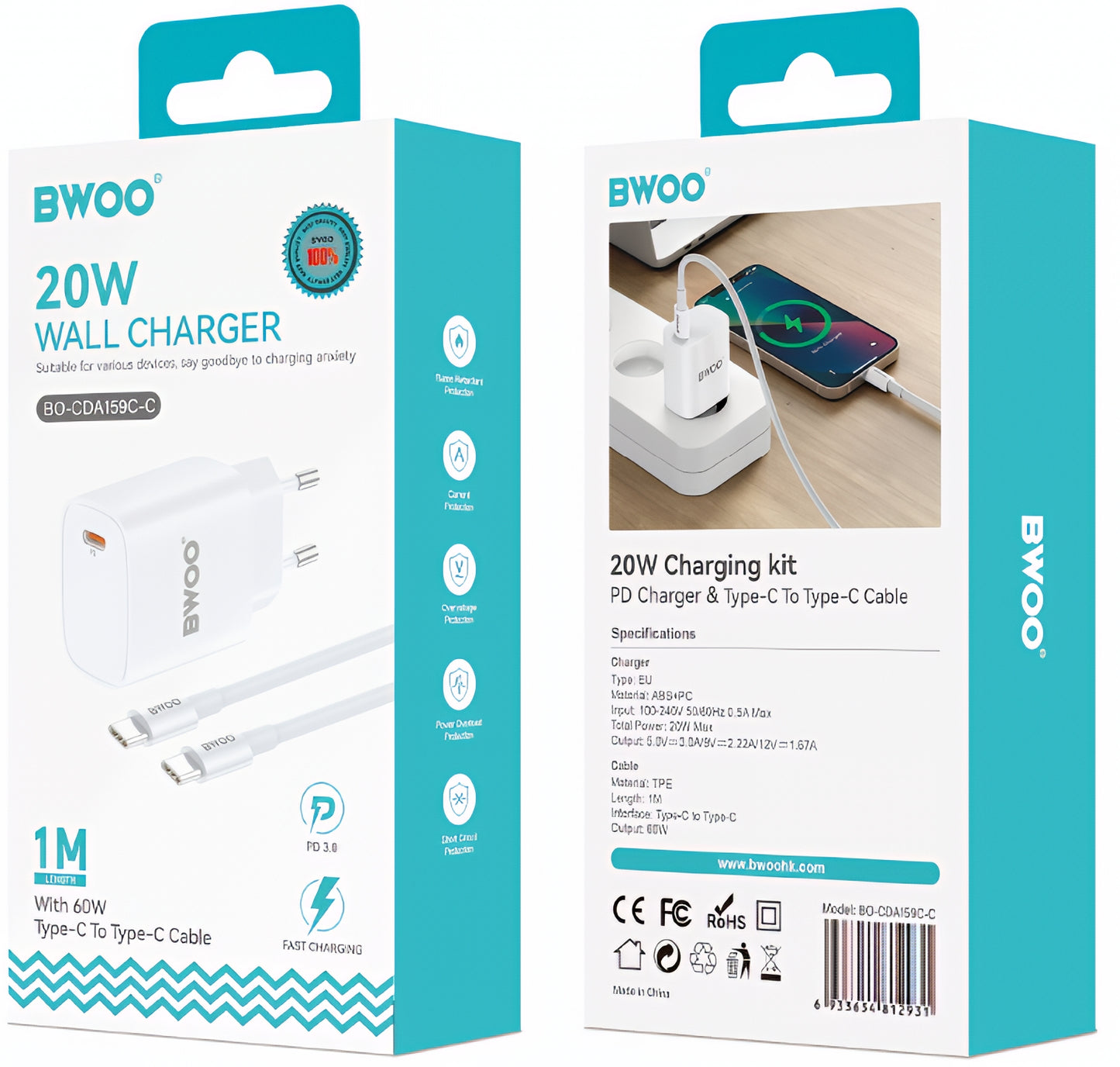 Punjač za mrežu sa USB-C kablom BWOO CDA159, 20W, 3A, 1 x USB-C, Bel