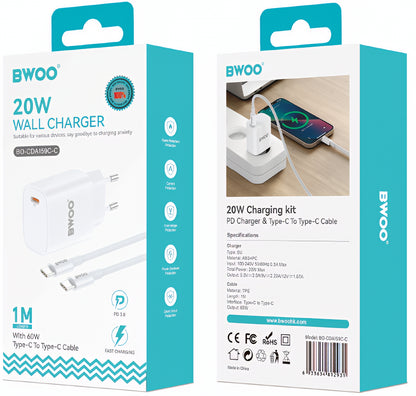 Punjač za mrežu sa USB-C kablom BWOO CDA159, 20W, 3A, 1 x USB-C, Bel