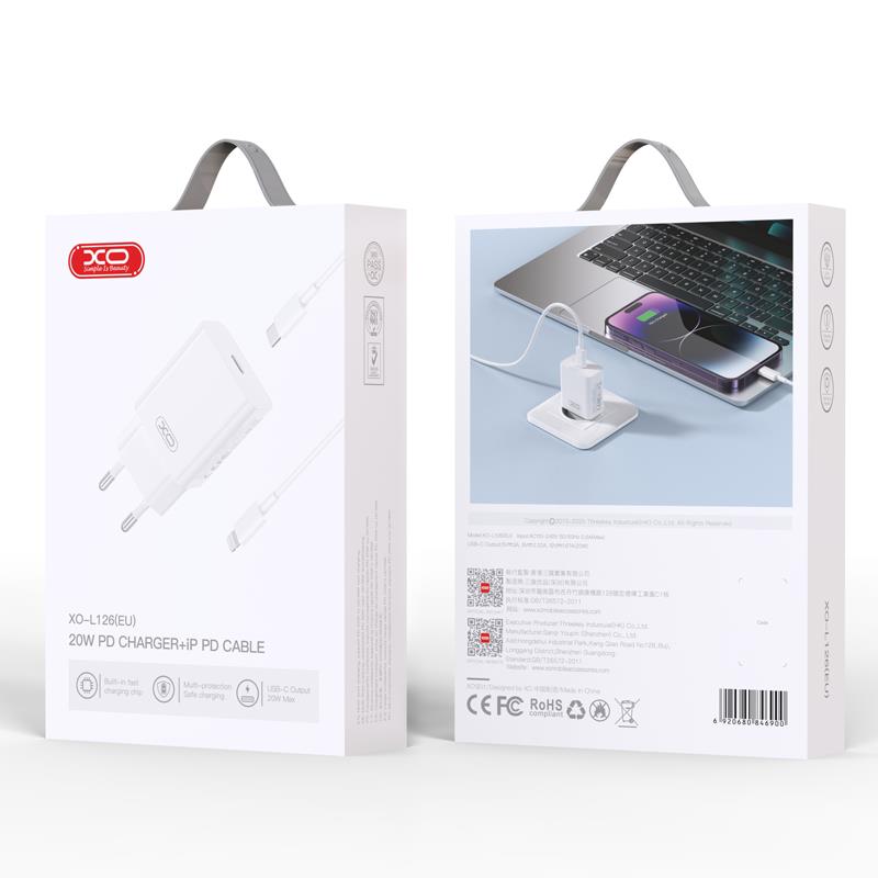 Mrežni punjač sa Lightning kablom XO Design L126, 20W, 3A, 1 x USB-C, Bela
