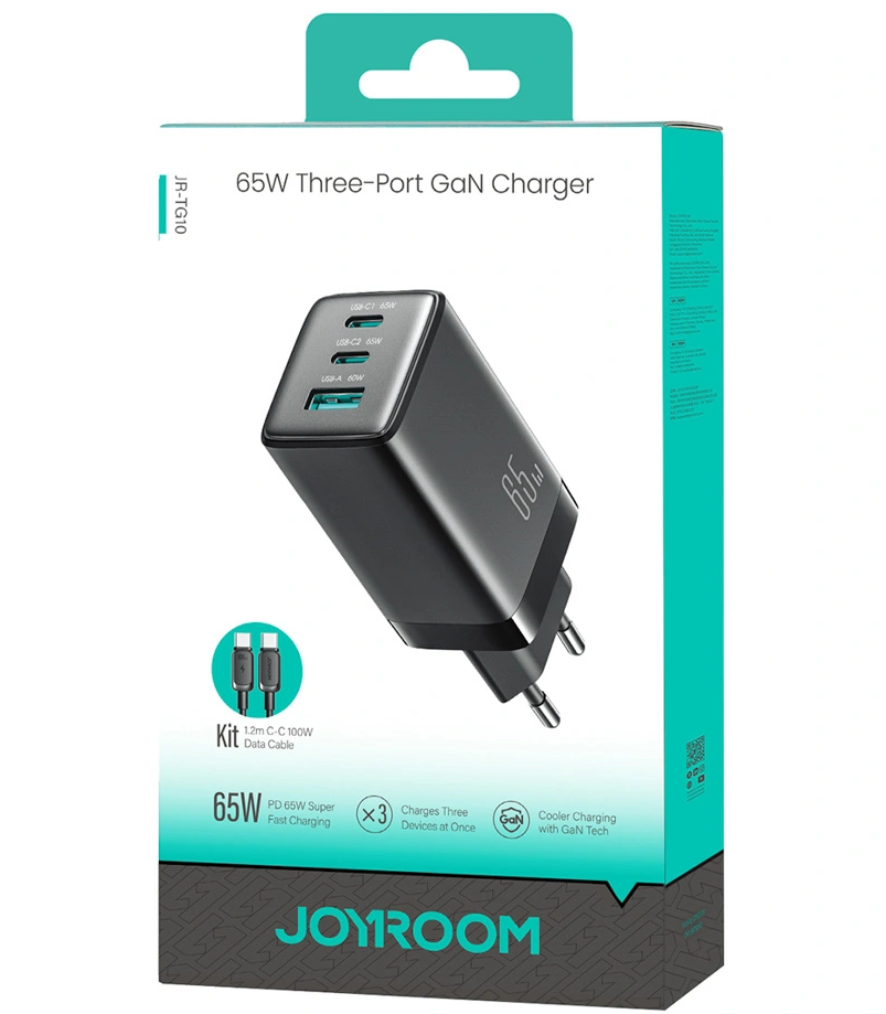 Punjač za mrežu sa USB-C kablom Joyroom JR-TG10, 65W, 3.25A, 1 x USB-A - 2 x USB-C, Crna