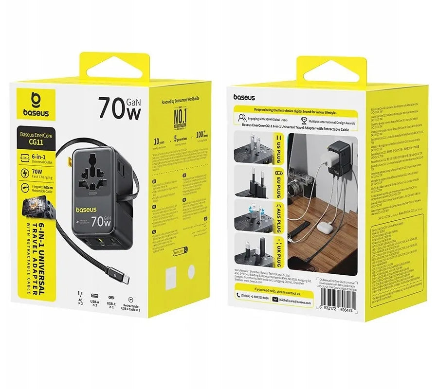 Mrežni punjač sa USB-C kablom Baseus Travel EnerCore CG11, 70W, 2 x utičnica - 1 x USB-C - 2 x USB-A, Crna E0307E00