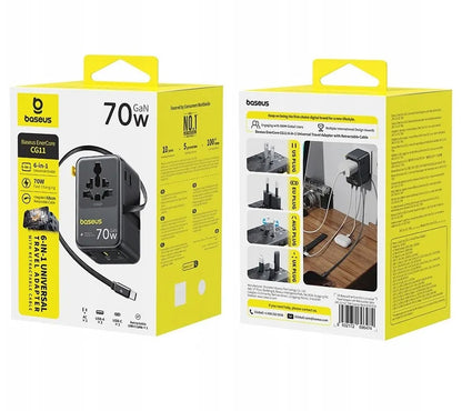 Mrežni punjač sa USB-C kablom Baseus Travel EnerCore CG11, 70W, 2 x utičnica - 1 x USB-C - 2 x USB-A, Crna E0307E00