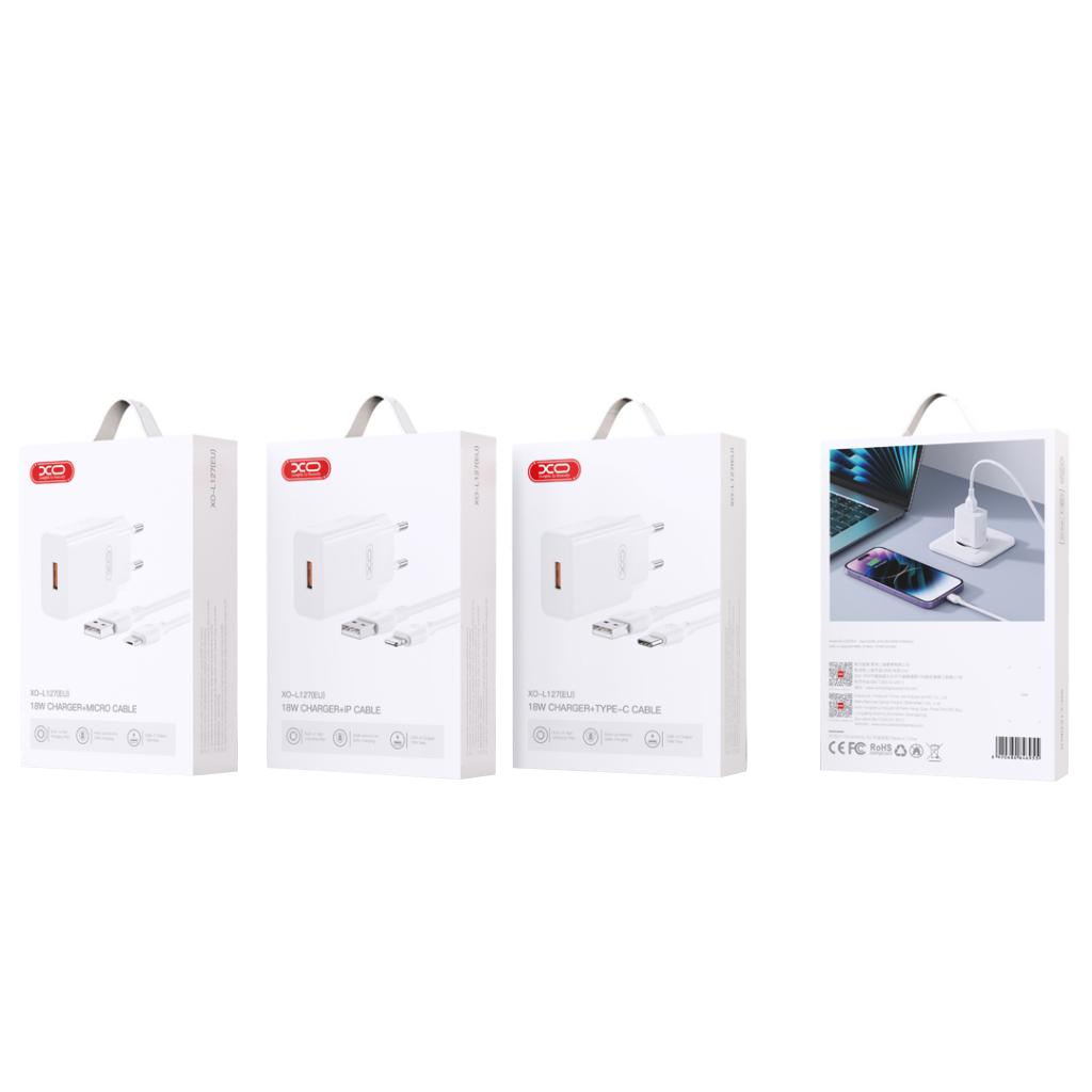 Mrežni punjač sa USB-C kablom XO Design L127, 18W, 3A, 1 x USB-A, Bela