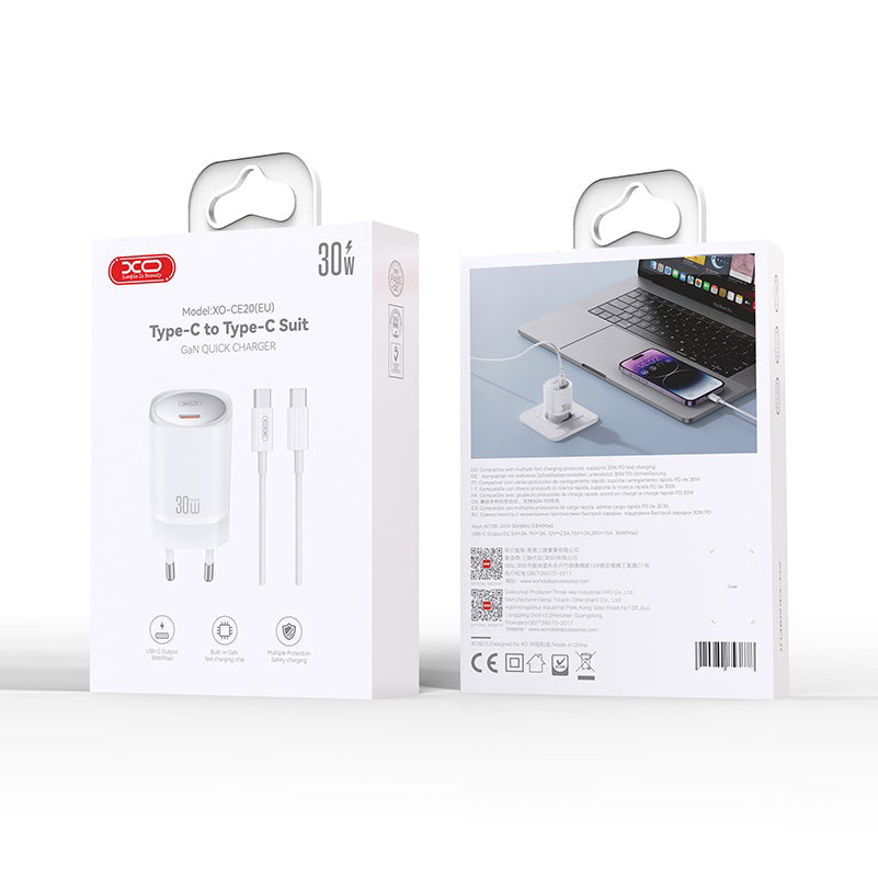 Punjač za mrežu sa USB-C kablom XO Design CE20, 30W, 3A, 1 x USB-C, Beli
