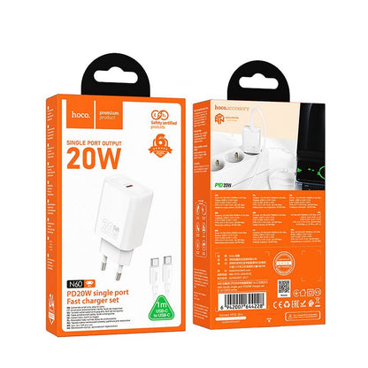 Punjač za mrežu sa USB-C kablom HOCO N60, 20W, 3A, 1 x USB-C, Bela