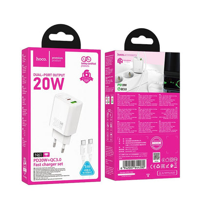 Punjač za mrežu sa USB-C kablom HOCO N61, 20W, 3A, 1 x USB-A - 1 x USB-C, Bela