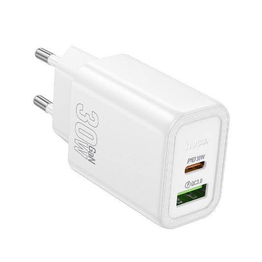 Punjač za mrežu HOCO N63, 30W, 3A, 1 x USB-A - 1 x USB-C, Beli