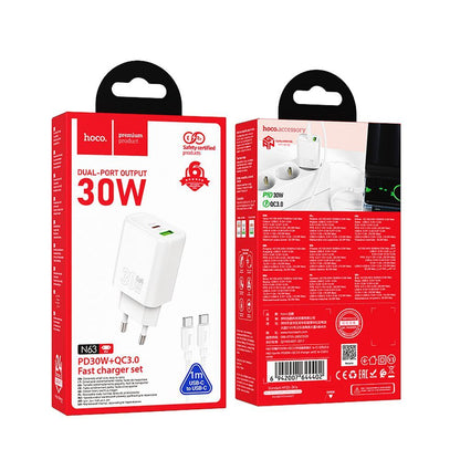 Punjač za mrežu sa USB-C kablom HOCO N63, 30W, 3A, 1 x USB-A - 1 x USB-C, Beli