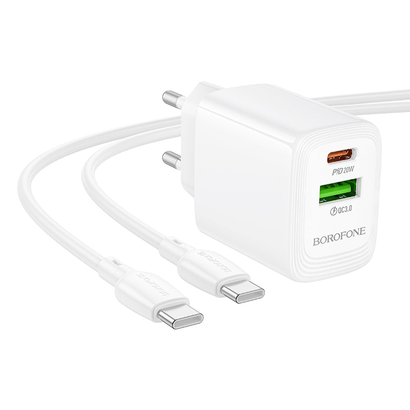 Punjač za mrežu sa USB-C kablom Borofone BN27 Fuente, 20W, 3A, 1 x USB-A - 1 x USB-C, Beli