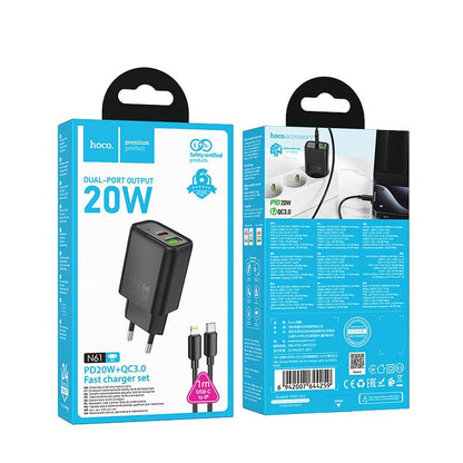Punjač za mrežu sa USB-C kablom HOCO N61, 20W, 3A, 1 x USB-A - 1 x USB-C, Crni