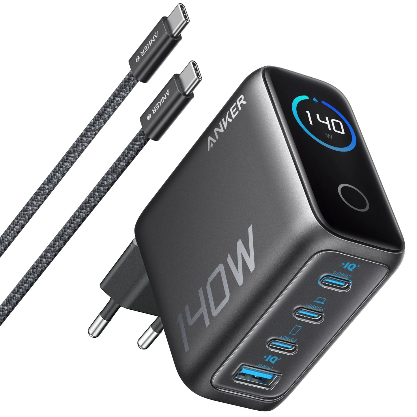Punjač mreže sa USB-C kablom Anker Zolo, 140W, 5A, 1 x USB-A - 3 x USB-C, Crni B2697GZ1