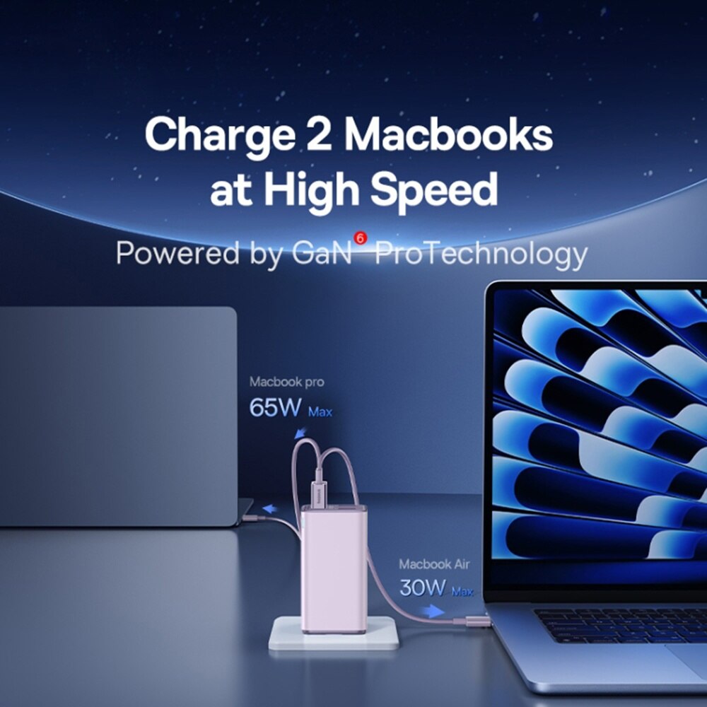 Punjač mreže sa USB-C kablom Baseus GaN6 Pro, 100W, 3.25A, 2 x USB-A - 2 x USB-C, Ljubičasti P10162705532-00