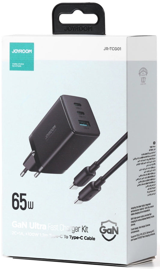 Punjač mreže sa USB-C kablom Joyroom TCG01, 65W, 3.25A, 1 x USB-A - 2 x USB-C, Crni