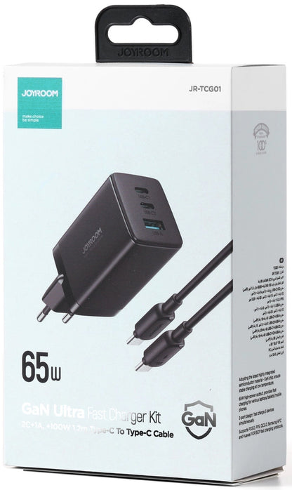 Punjač mreže sa USB-C kablom Joyroom TCG01, 65W, 3.25A, 1 x USB-A - 2 x USB-C, Crni
