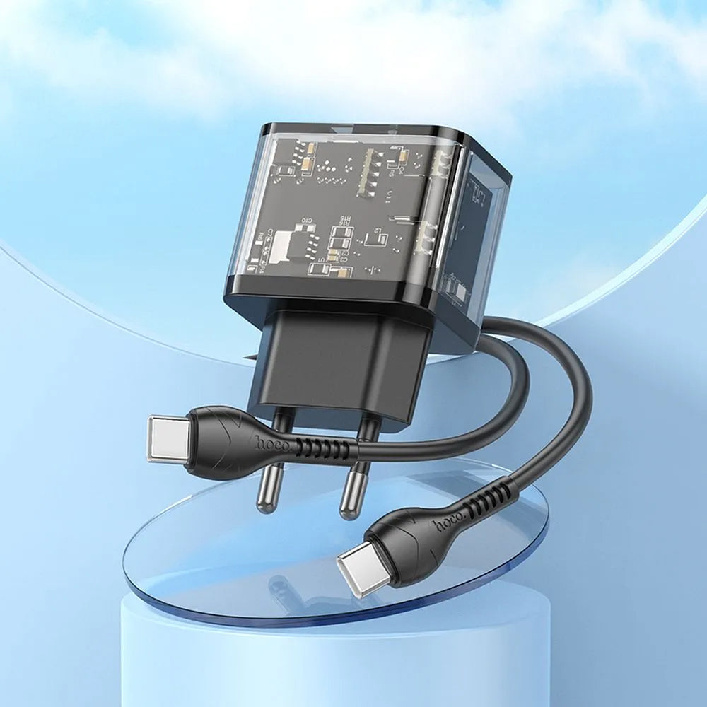 Punjač za mrežu sa USB-C kablom HOCO N34, 20W, 3A, 1 x USB-A - 1 x USB-C, Transparentan