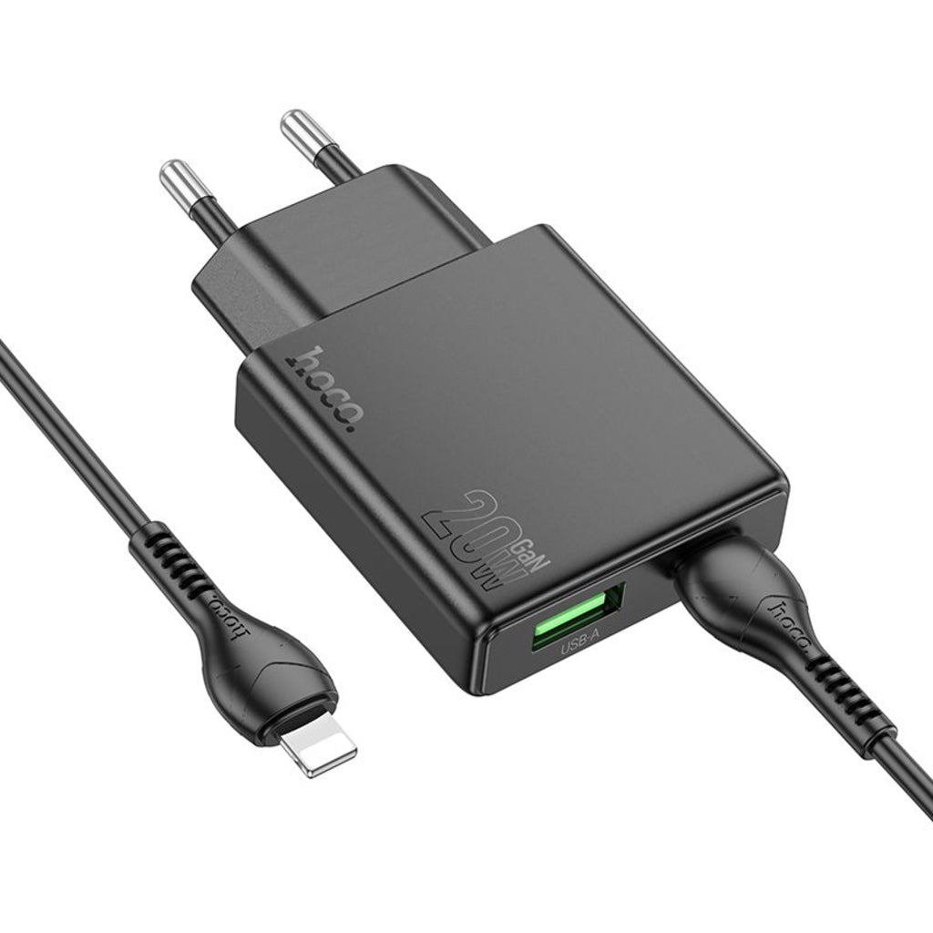 Punjač za mrežu sa Lightning kablom HOCO N38, 20W, 3A, 1 x USB-A - 1 x USB-C, Crni