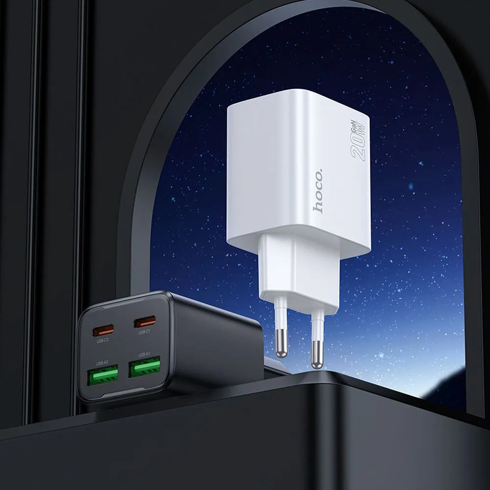 Punjač za mrežu sa USB-C kablom HOCO N55, 20W, 3A, 2 x USB-A - 2 x USB-C, Beli