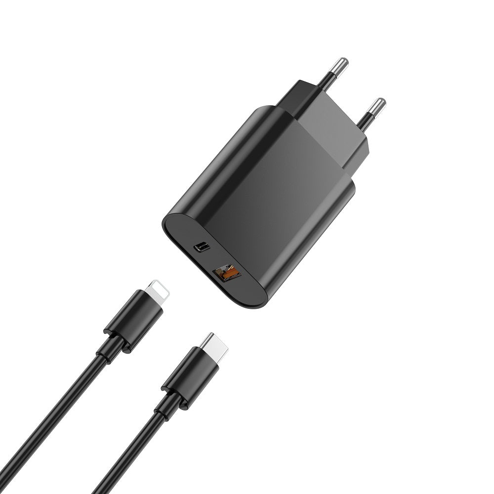 Punjač za mrežu sa Lightning kablom WiWu Wi-U002, 20W, 3A, 1 x USB-A - 1 x USB-C, Crni