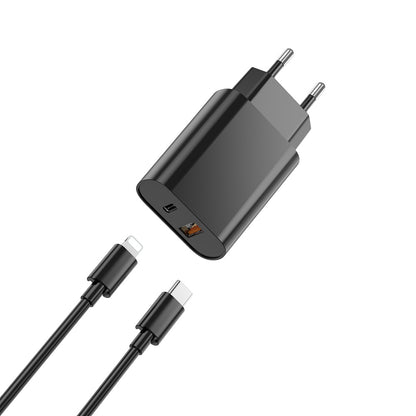 Punjač za mrežu sa Lightning kablom WiWu Wi-U002, 20W, 3A, 1 x USB-A - 1 x USB-C, Crni