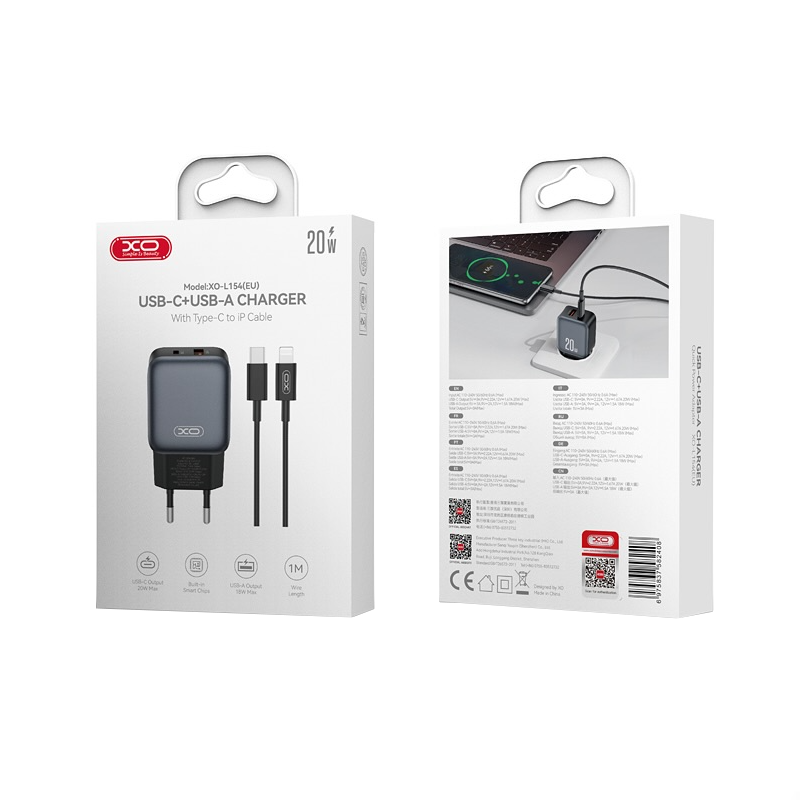 Punjač za mrežu sa Lightning kablom XO Design L154, 20W, 3A, 1 x USB-A - 1 x USB-C, Crni