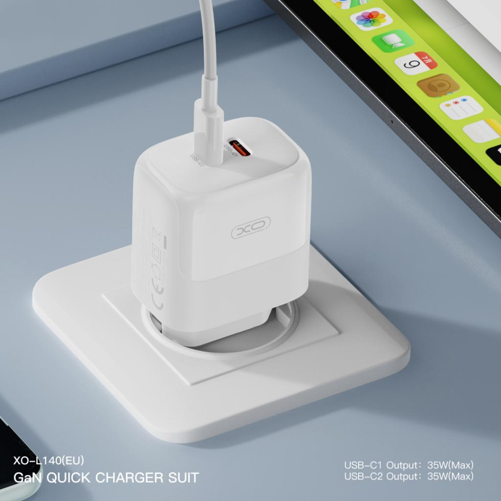 Punjač za mrežu sa USB-C kablom XO Design L140, 35W, 3A, 2 x USB-C, Bela