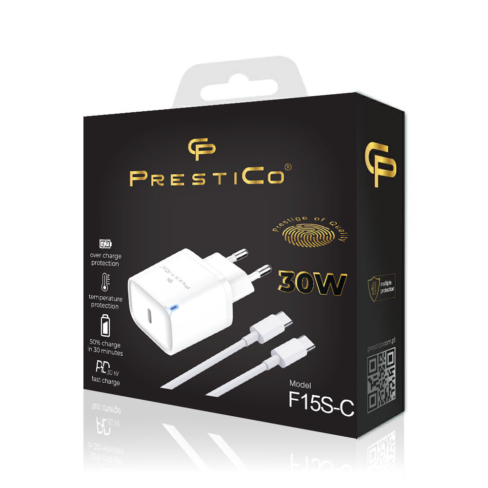 Punjač za mrežu sa USB-C kablom Prestico F15S-C, 30W, 3A, 1 x USB-C, Bela