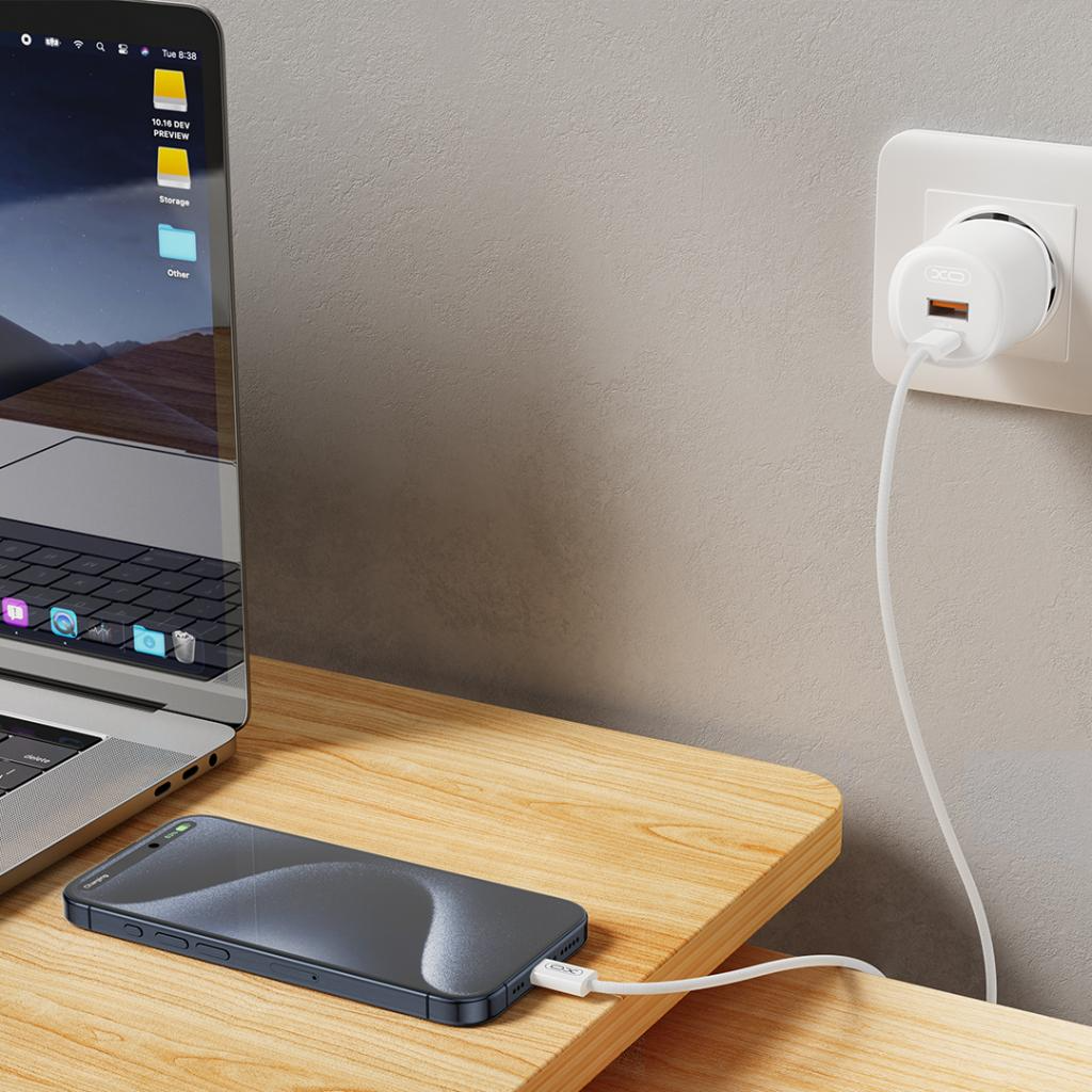 Punjač za mrežu sa USB-C kablom XO Design L151, 30W, 3A, 1 x USB-A - 1 x USB-C, Beli